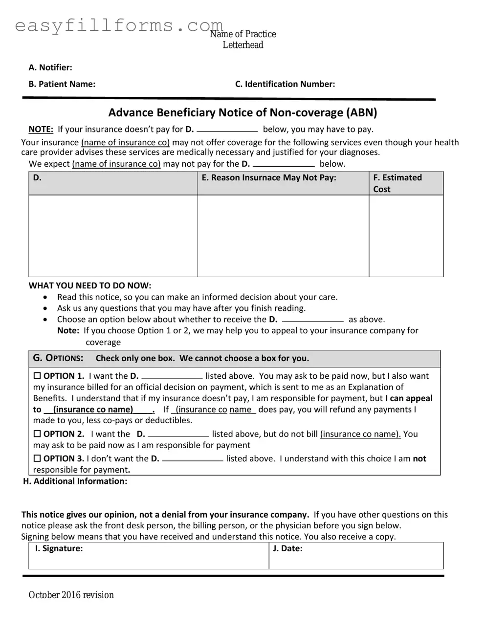 Printable Advance Beneficiary Notice of Non-coverage Form