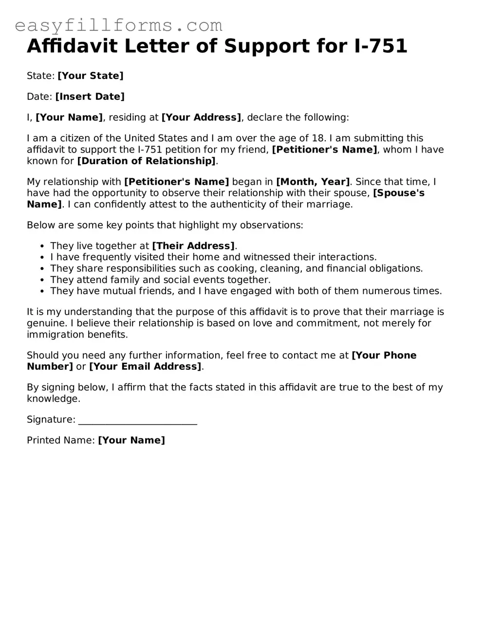Attorney-Verified Affidavit Letter of Support for I-751 Template