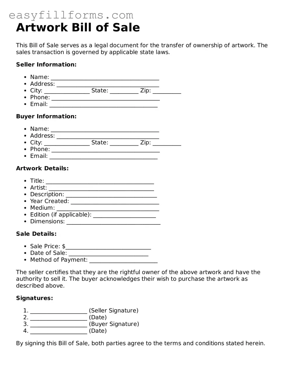 Attorney-Verified Artwork Bill of Sale Template