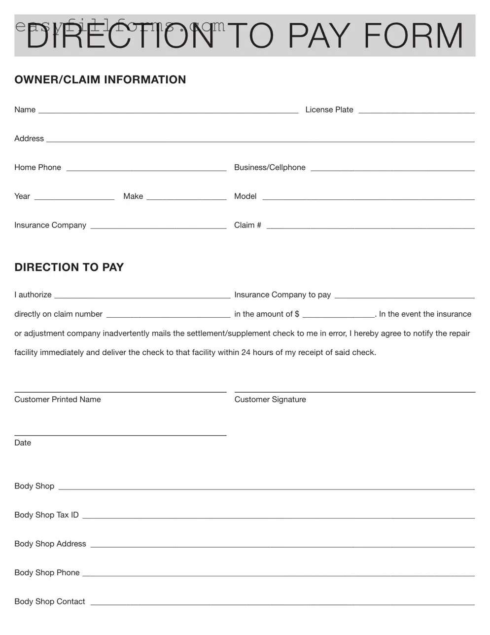 Printable Authorization And Direction Pay Form
