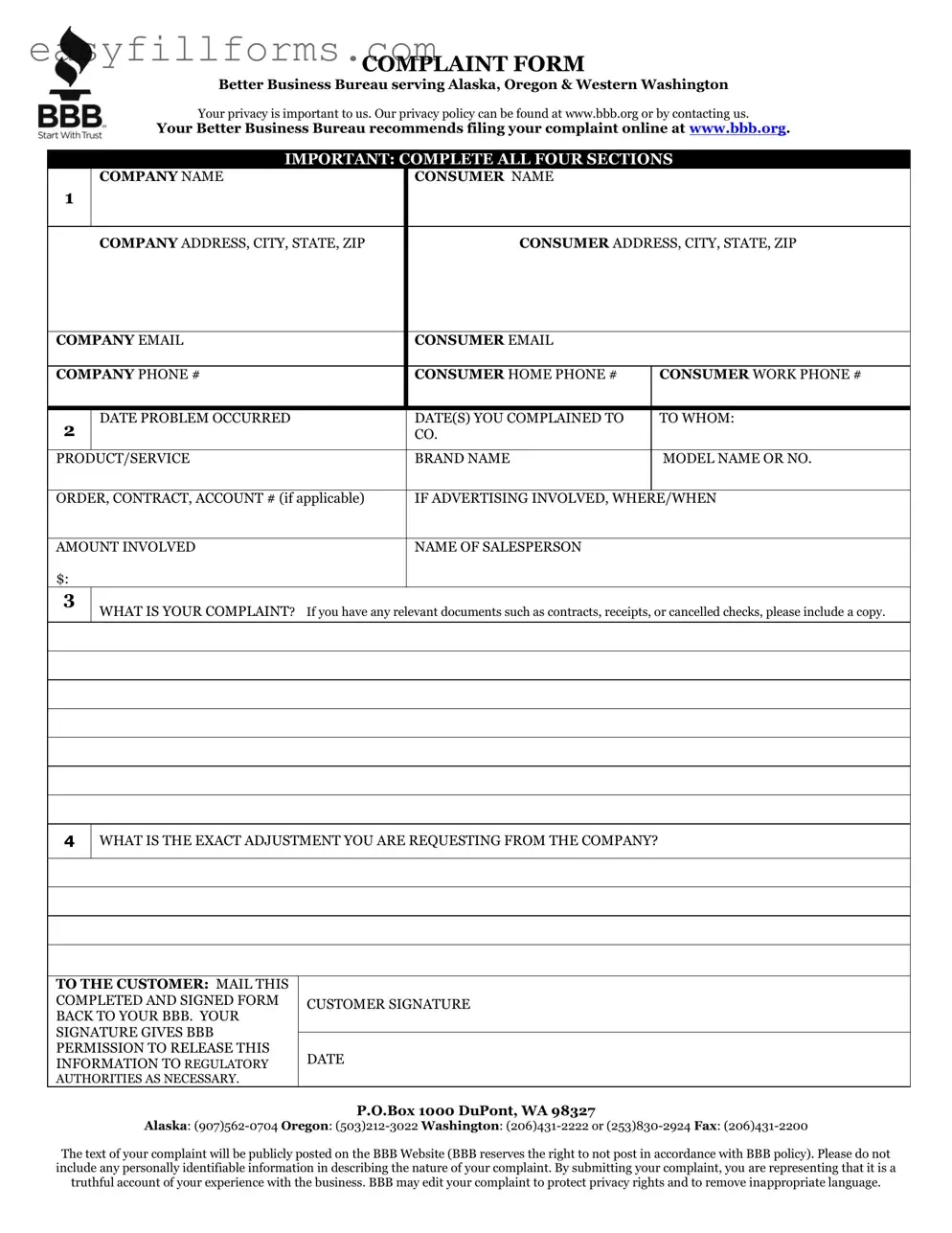 Printable Bbb Complaint Form