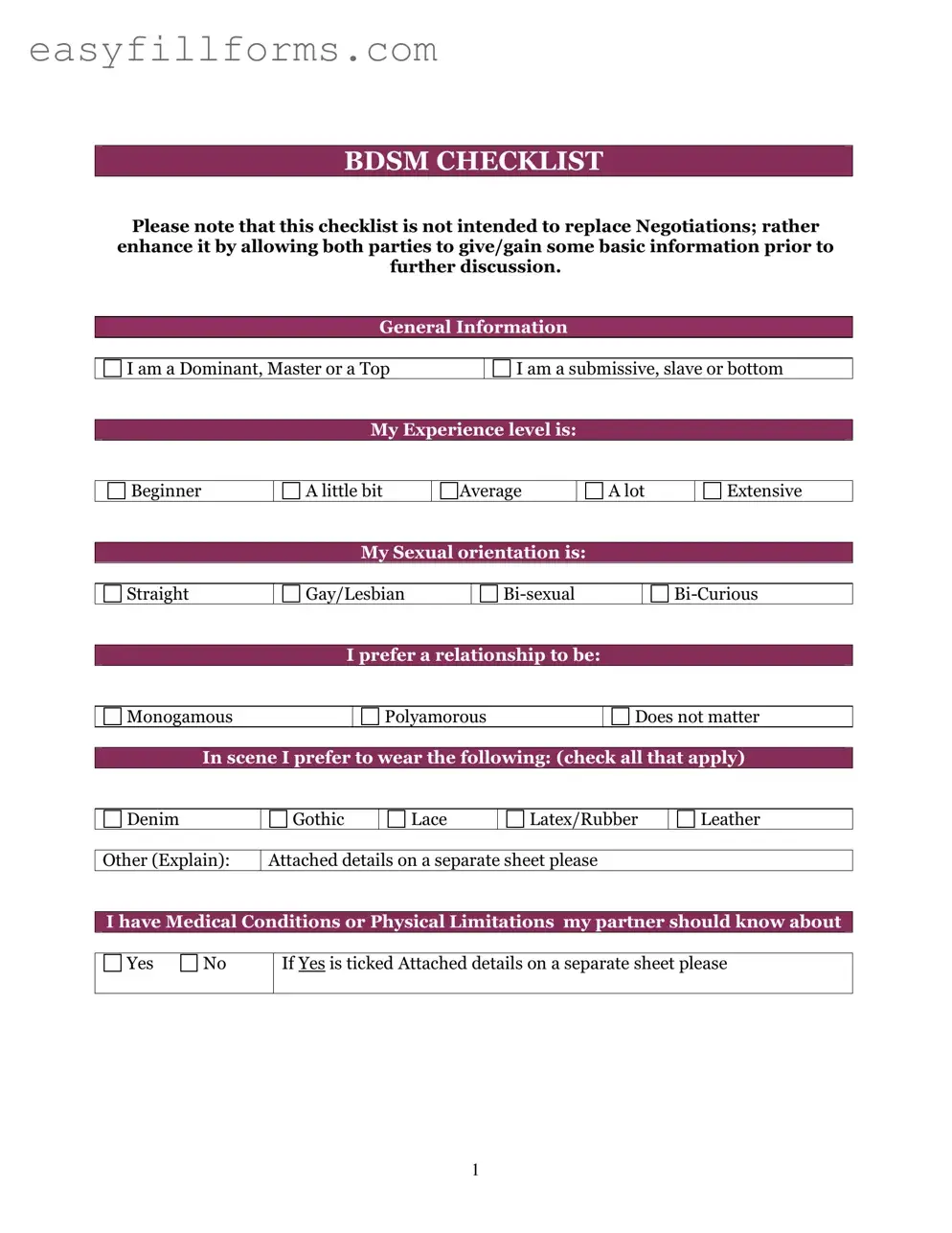 Printable Bdsm Checklist Form