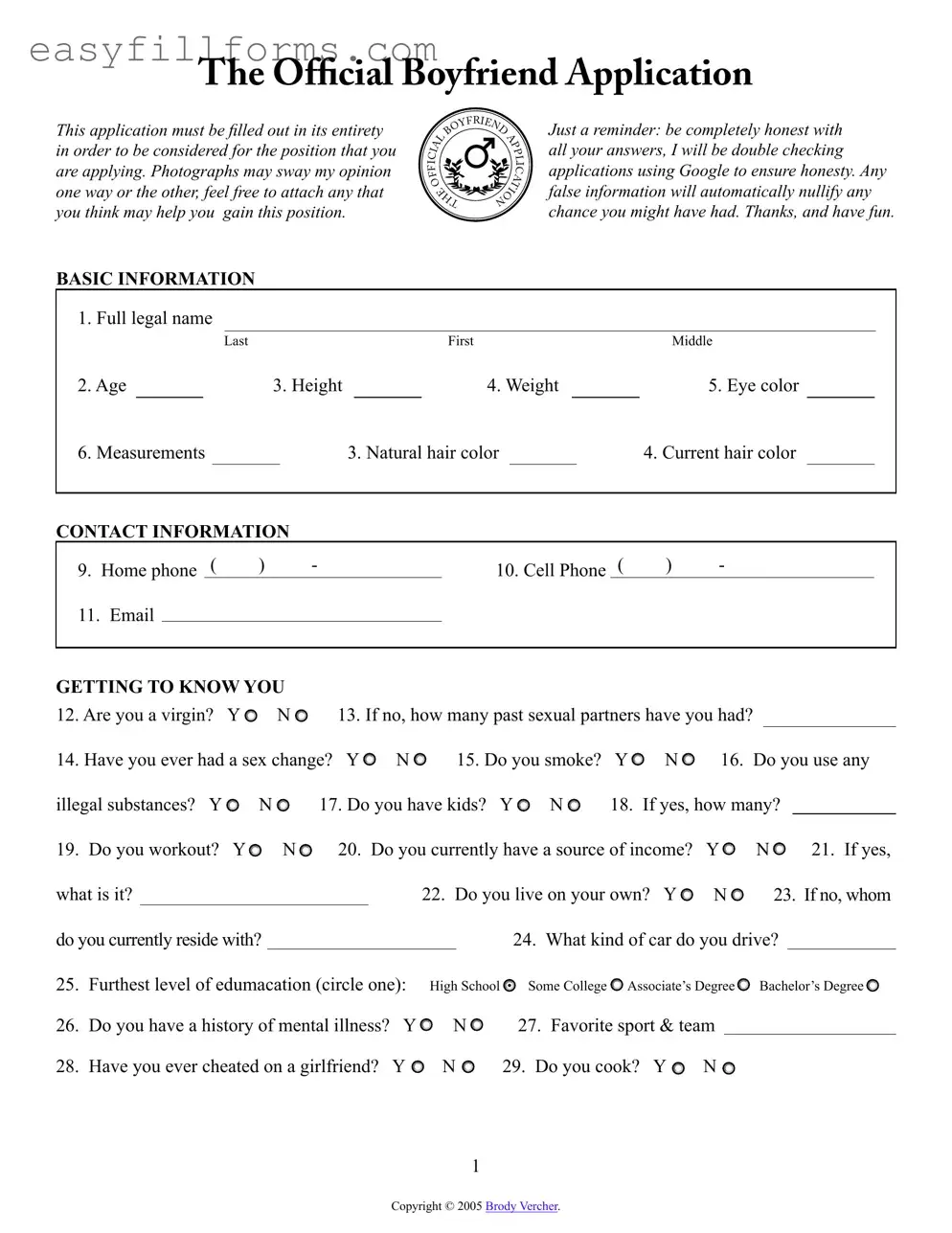 Printable Boyfriend application form Form