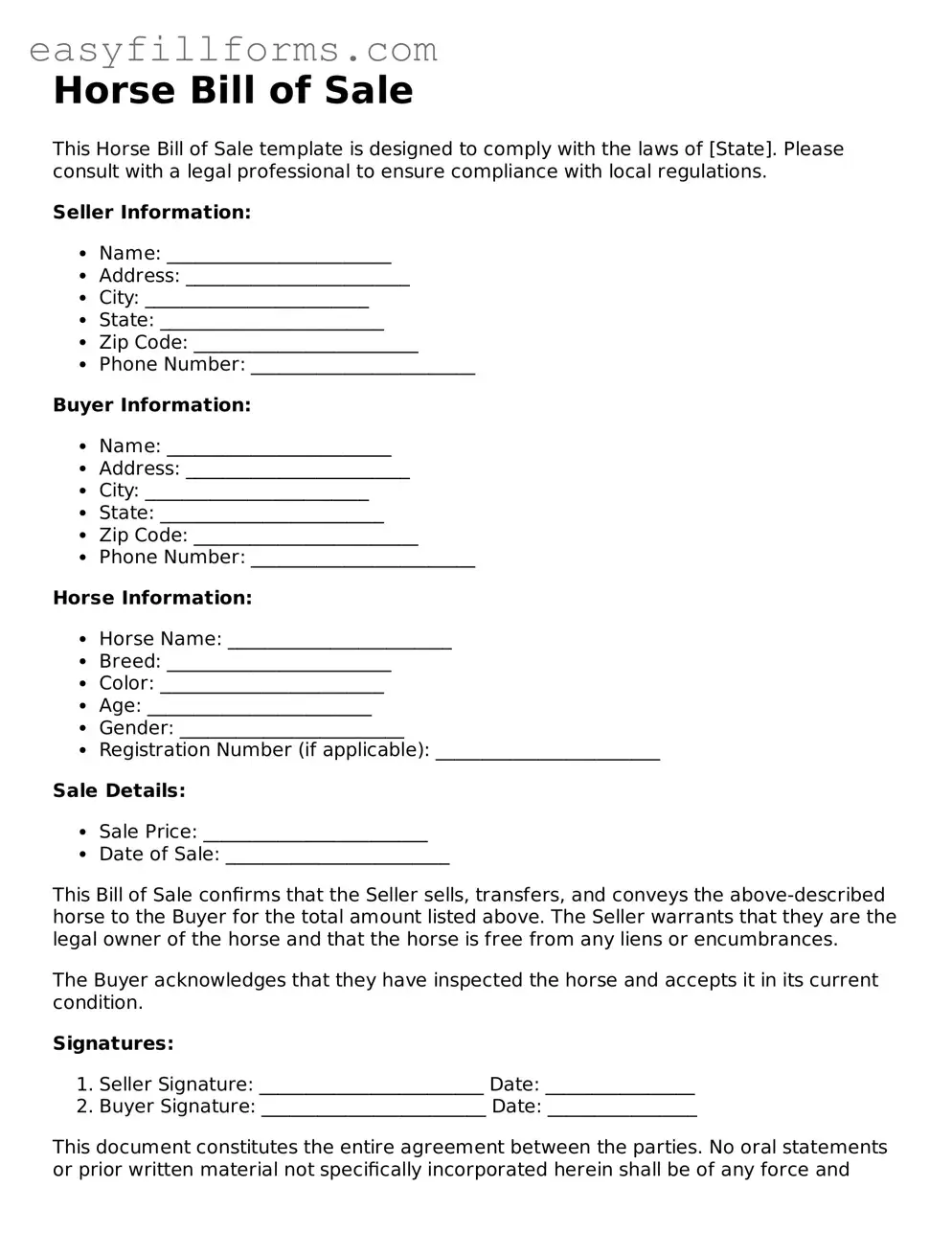 Attorney-Verified Horse Bill of Sale Template