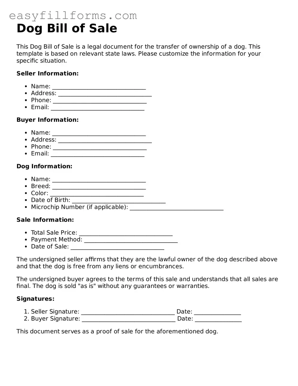 Attorney-Verified Dog Bill of Sale Template