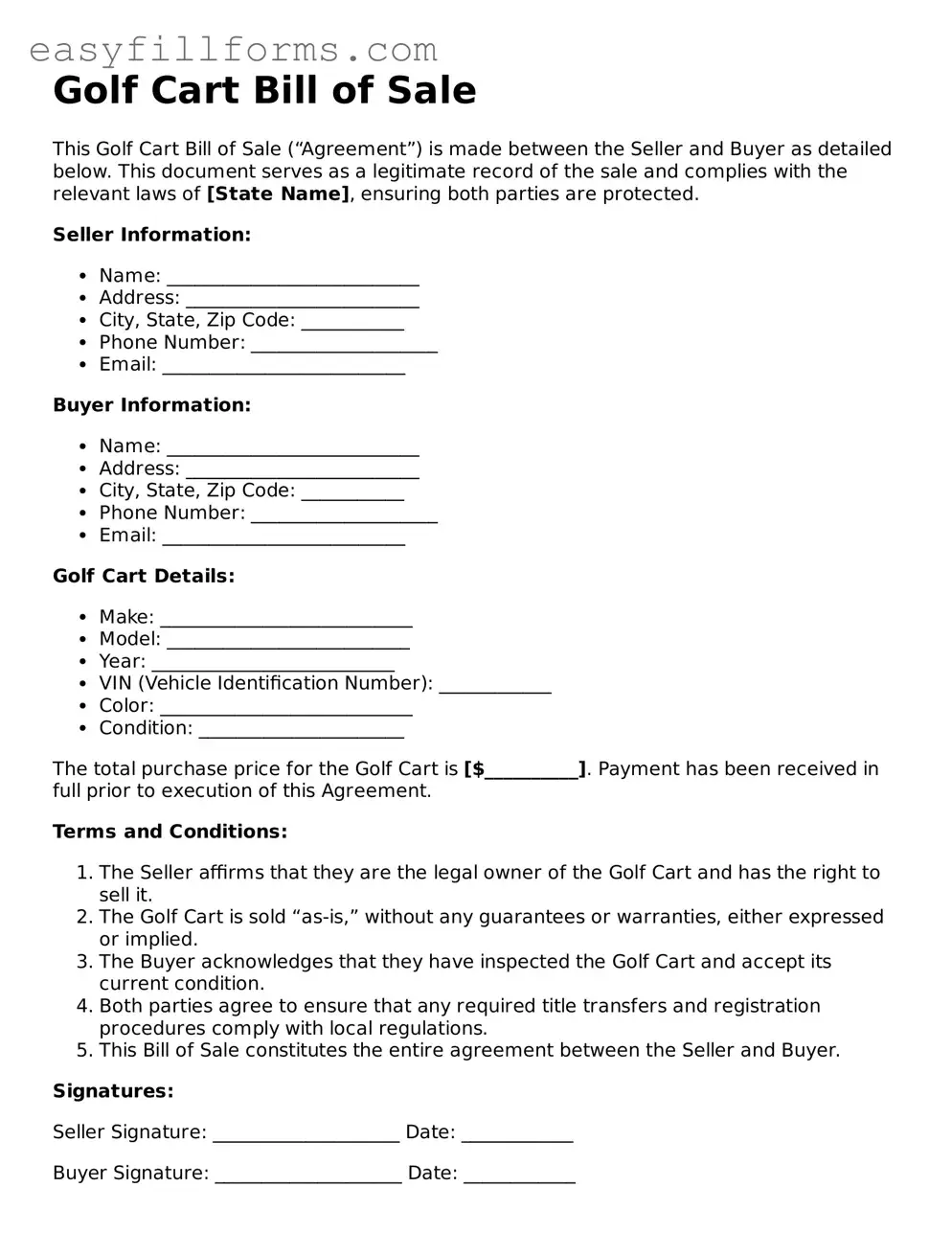 Attorney-Verified Golf Cart Bill of Sale Template