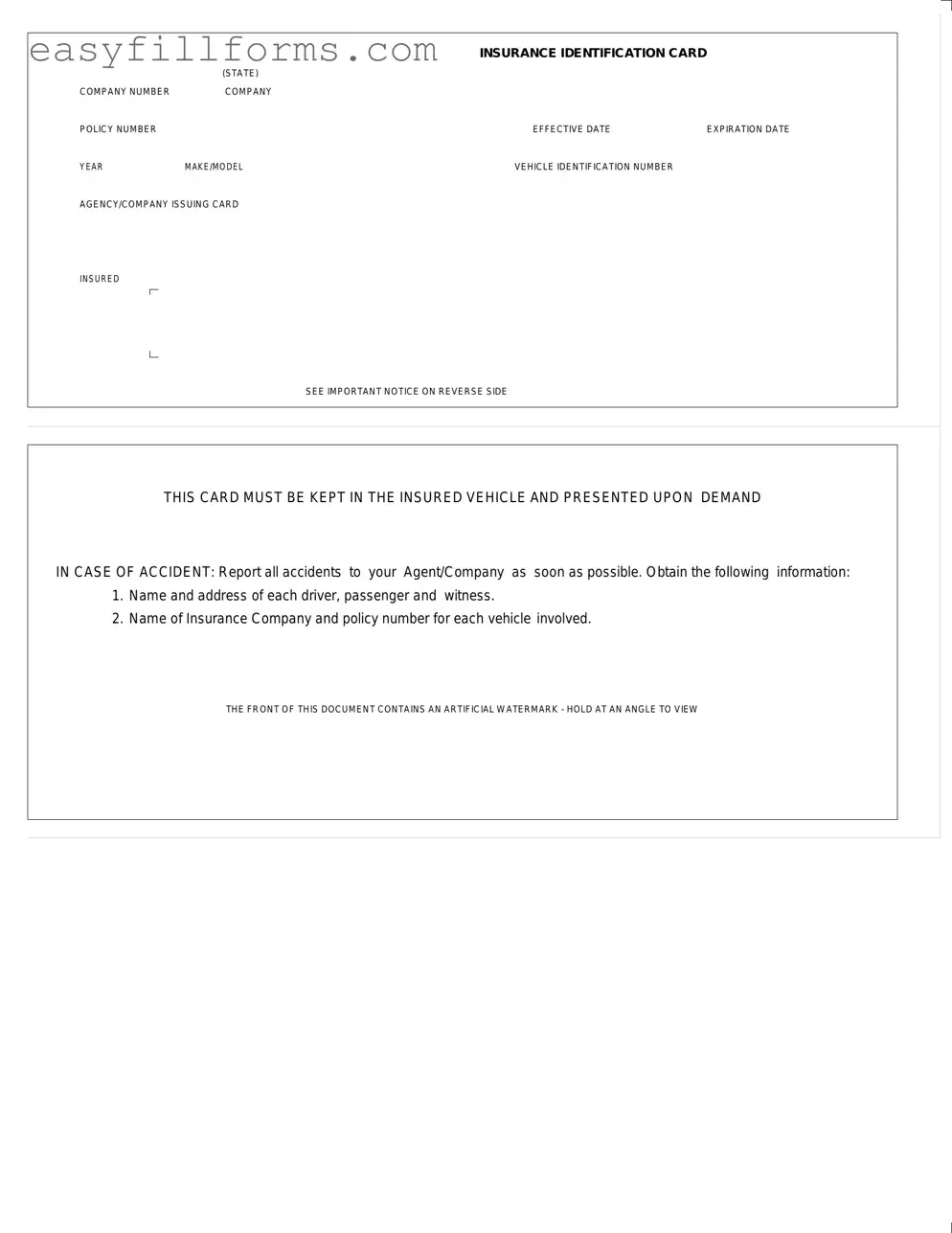 Printable Auto Insurance Card Form