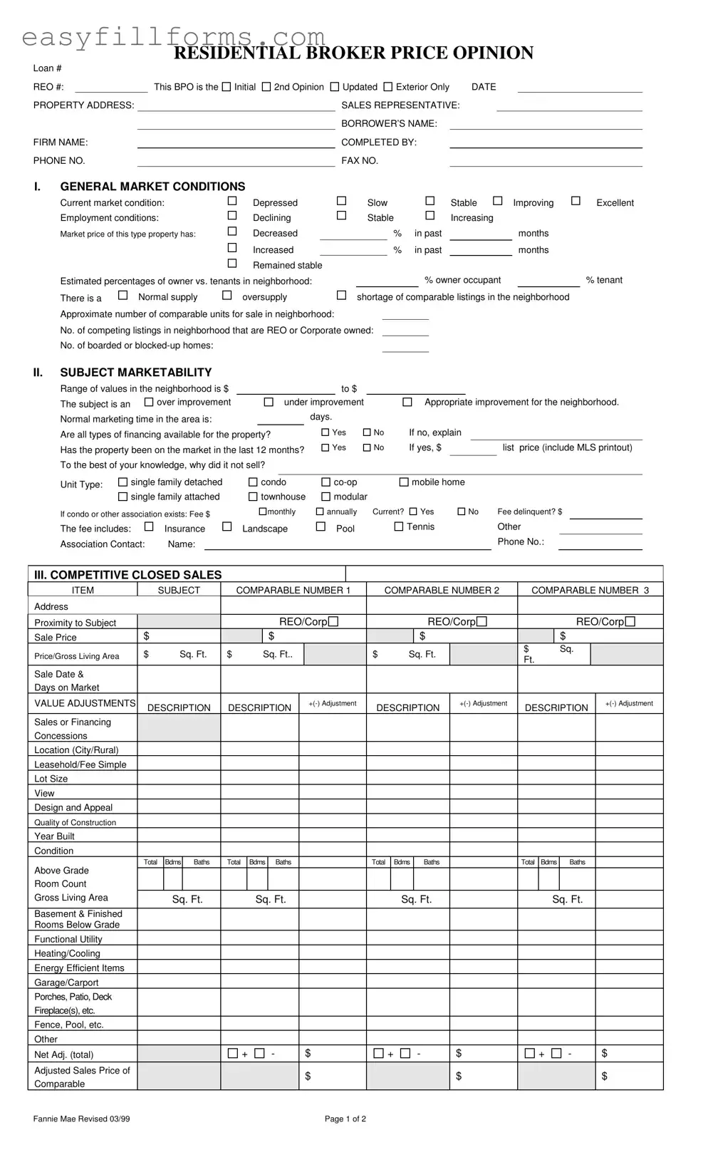 Printable Broker Price Opinion Form
