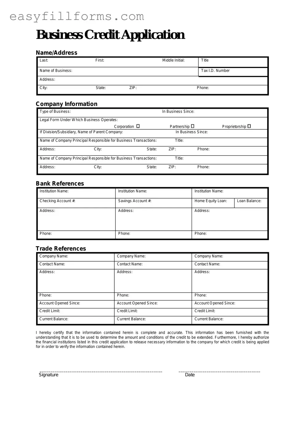 Printable Business Credit Application Form