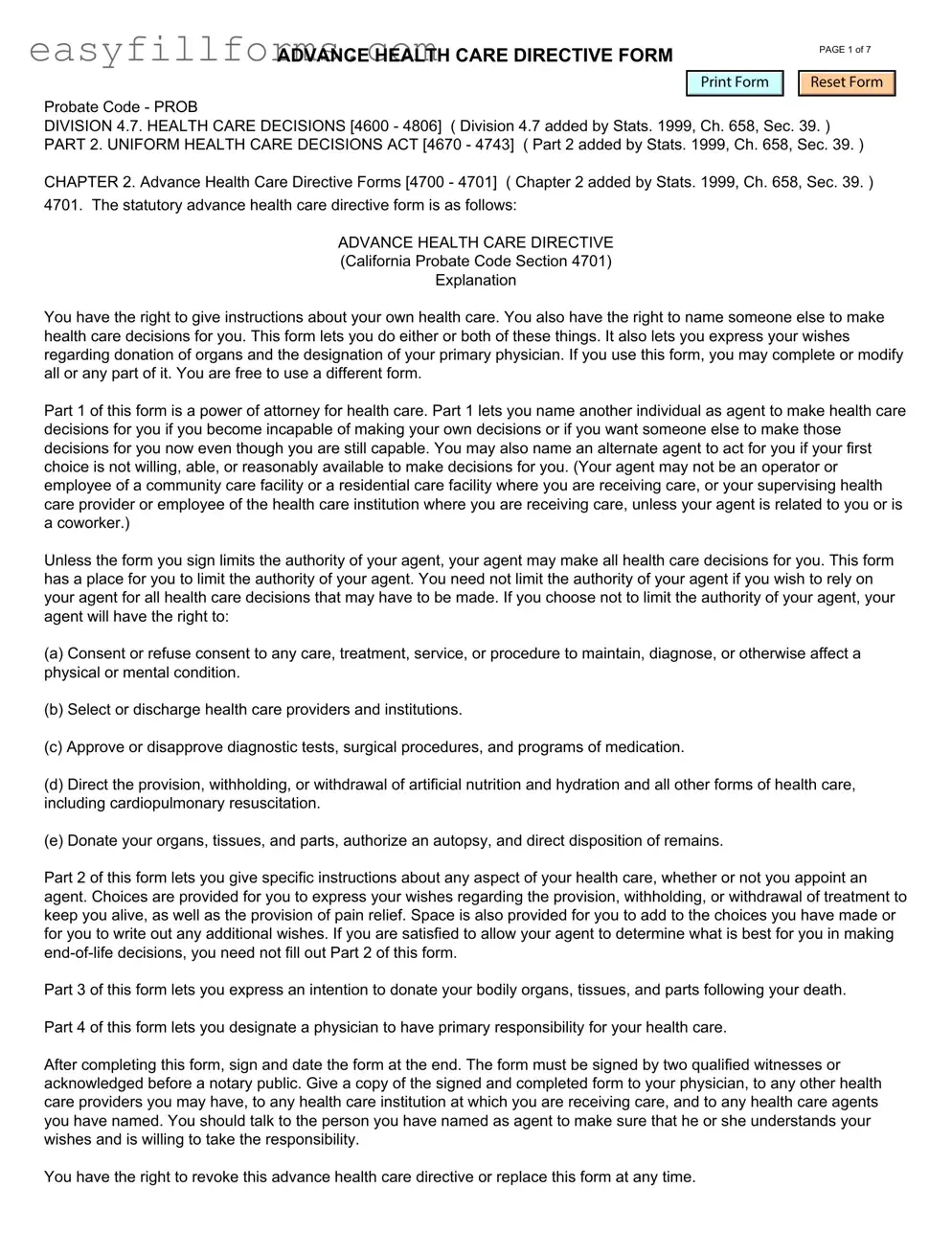 Printable California Advanced Health Care Directive Form