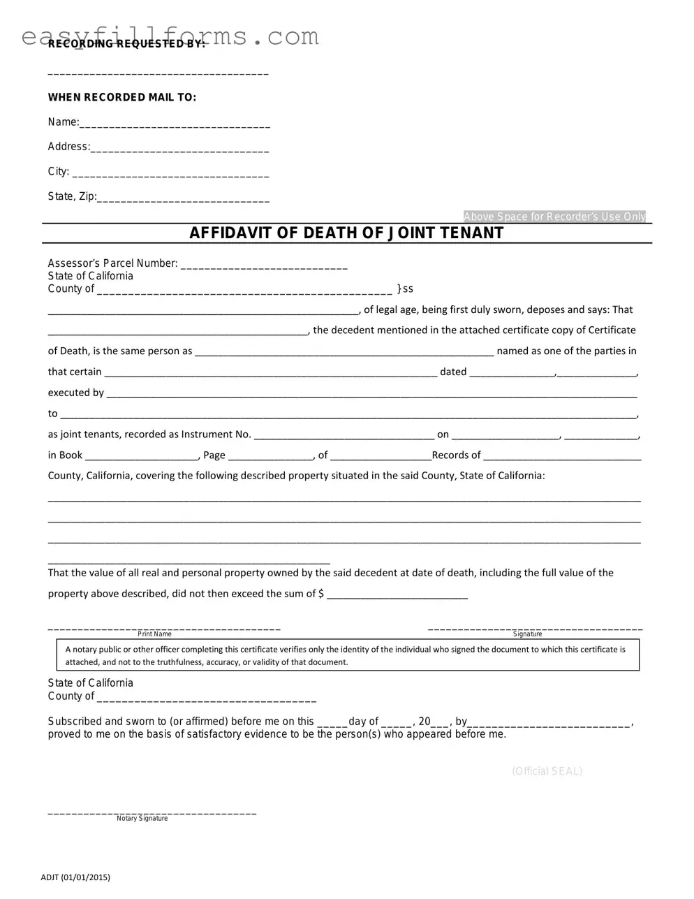 Printable California Death of a Joint Tenant Affidavit Form