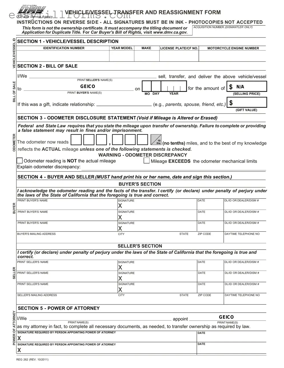 Printable California Fotm Reg 262 Form