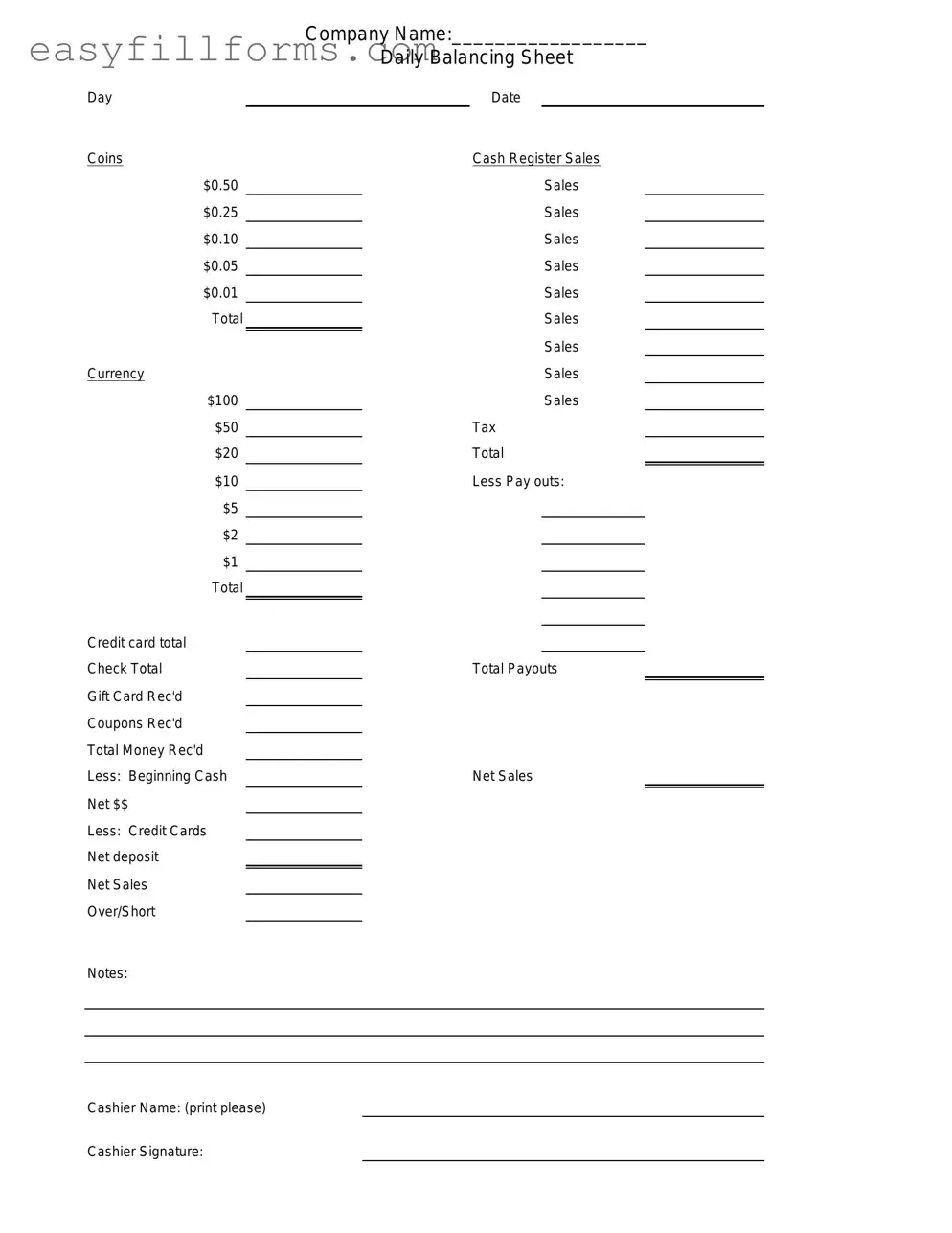 Printable Cash Drawer Count Sheet Form