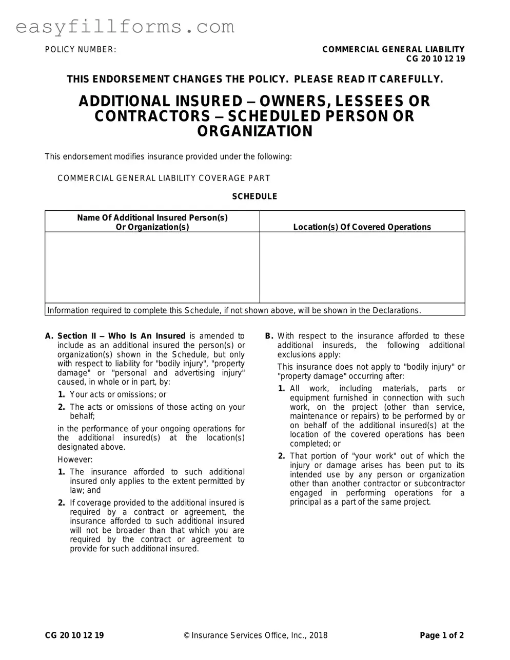 Printable Cg 20 10 07 04 Liability Endorsement Form