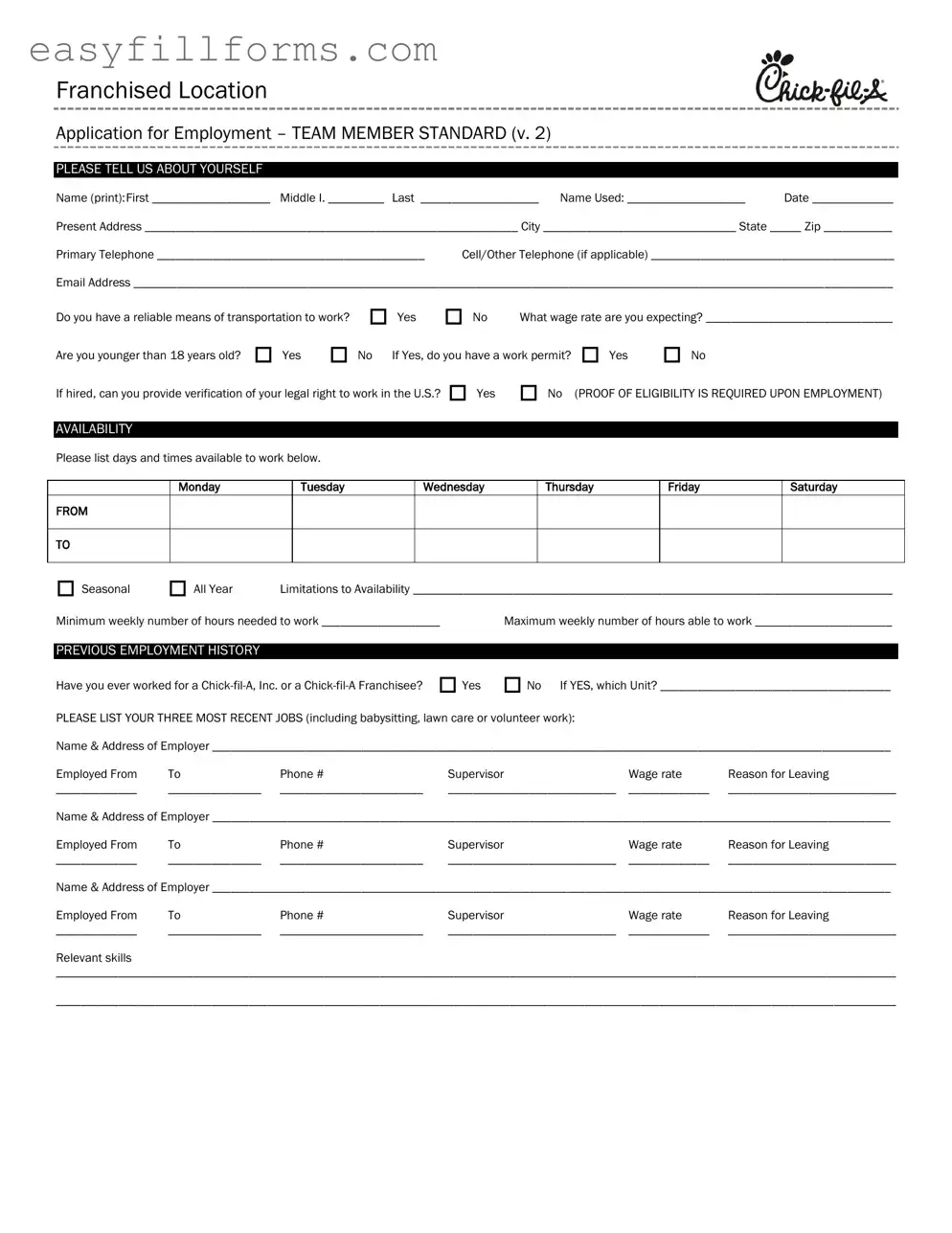 Printable Chick Fil A Job Application Form