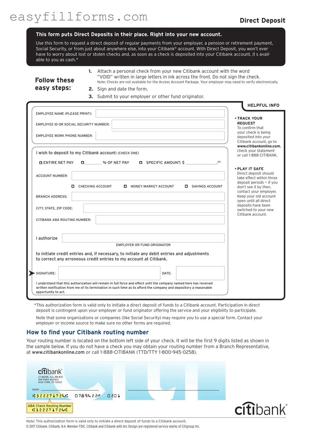 Printable Citibank Direct Deposit Form