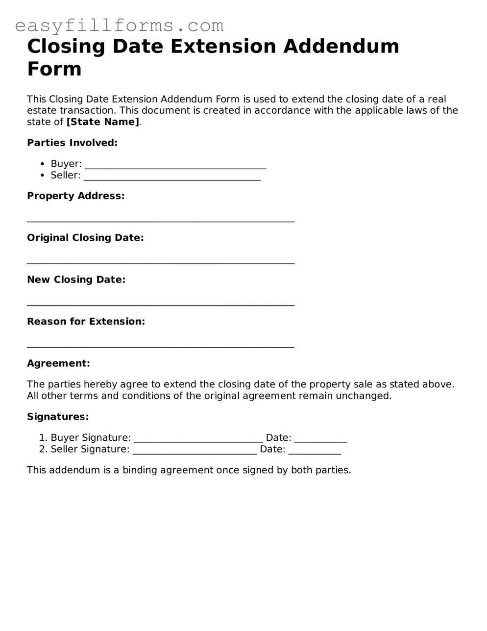 Attorney-Verified Closing Date Extension Addendum Form Template