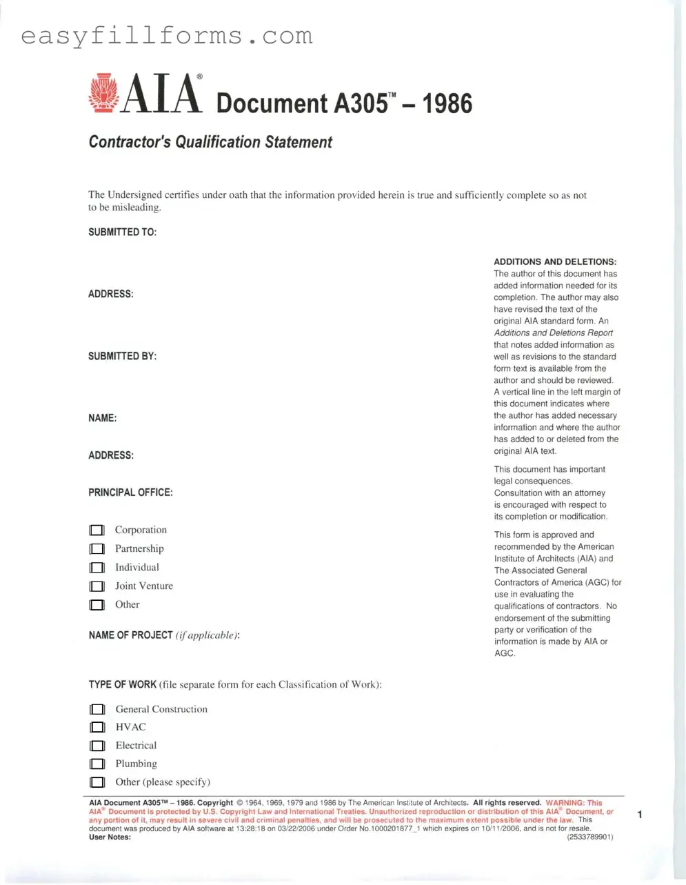 Printable AIA A305 Form