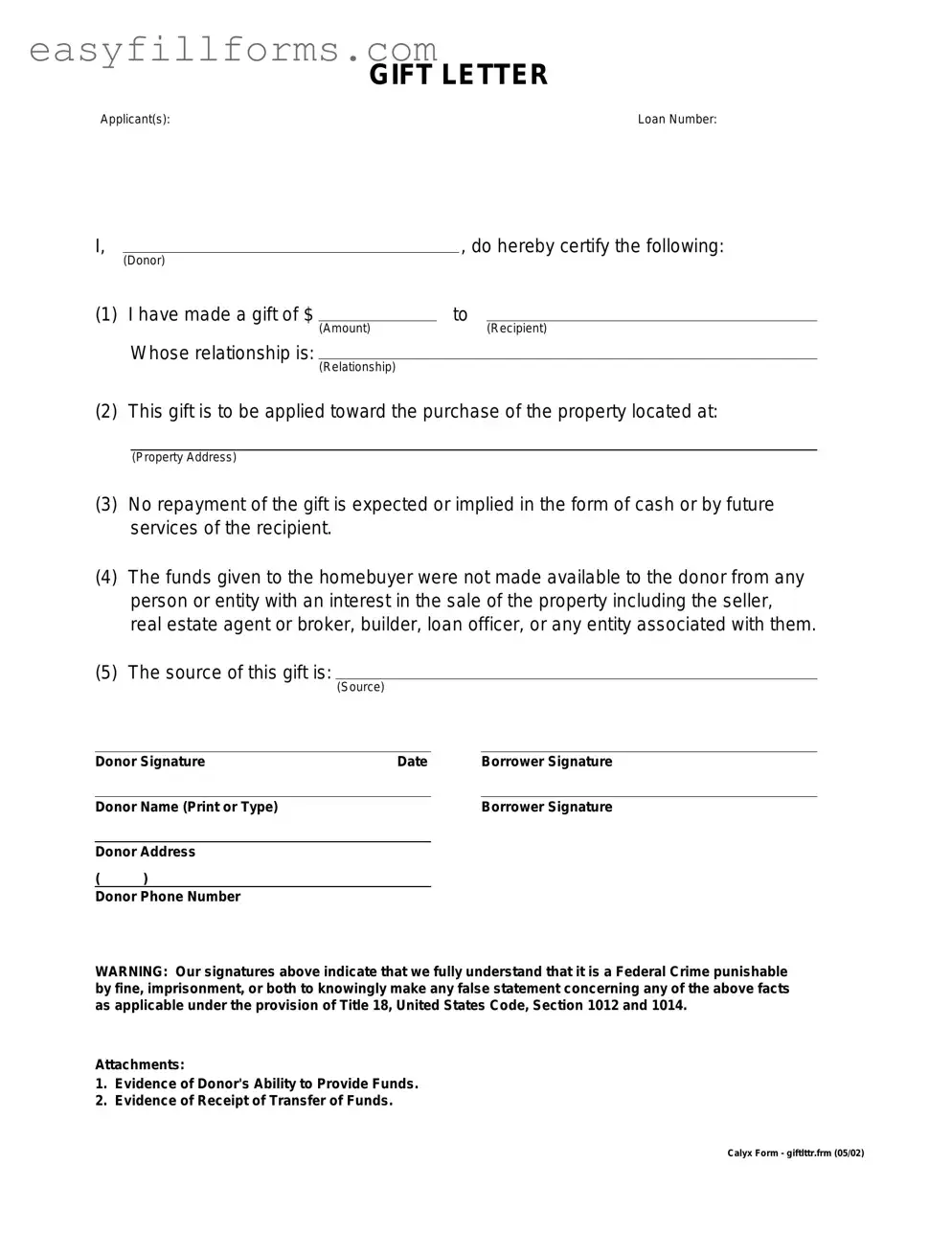 Printable Gift Letter Form