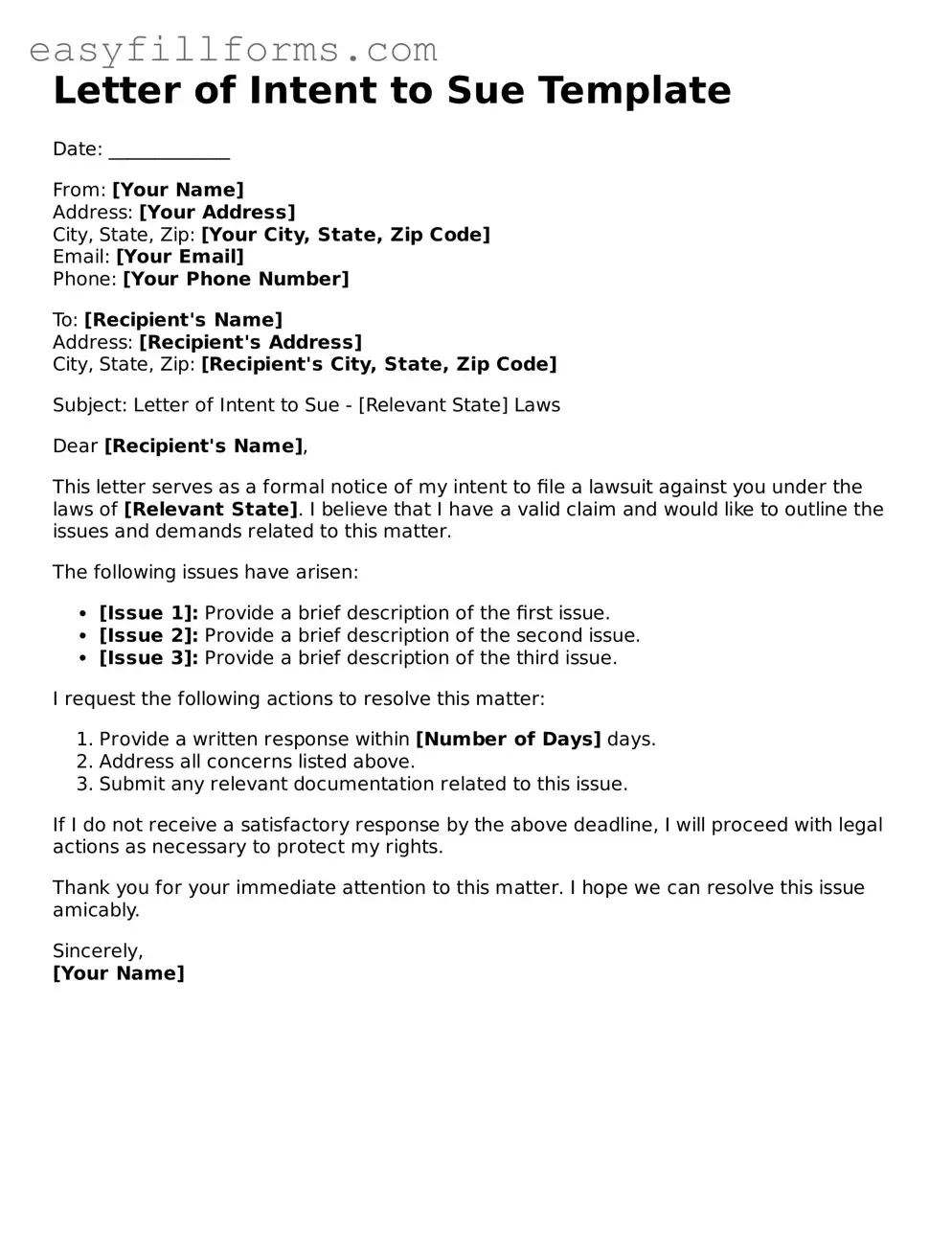 Attorney-Verified Letter of Intent to Sue Template