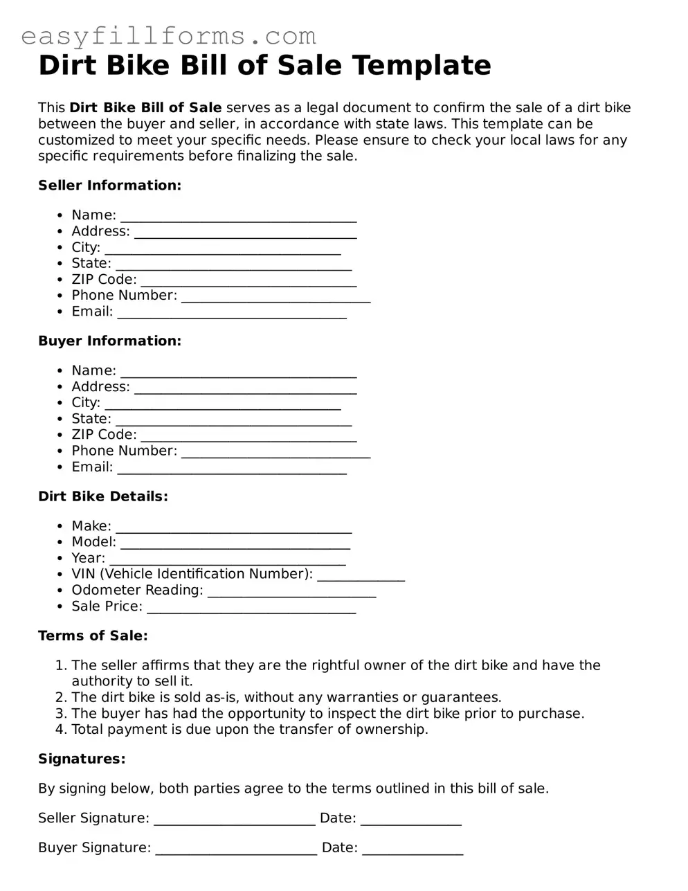 Attorney-Verified Dirt Bike Bill of Sale Template