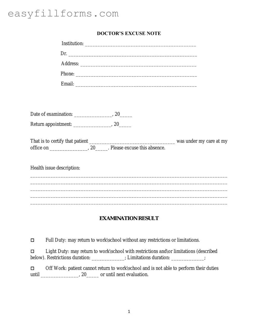 Printable Doctors Excuse Note Form