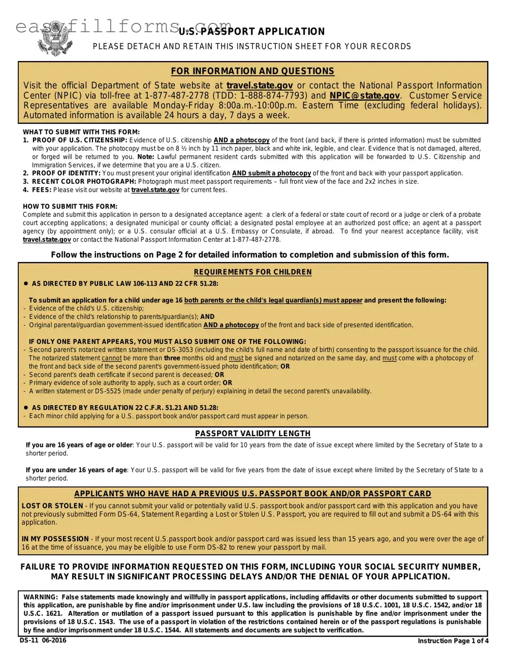 Printable DS-11 U.S. Passport application Form