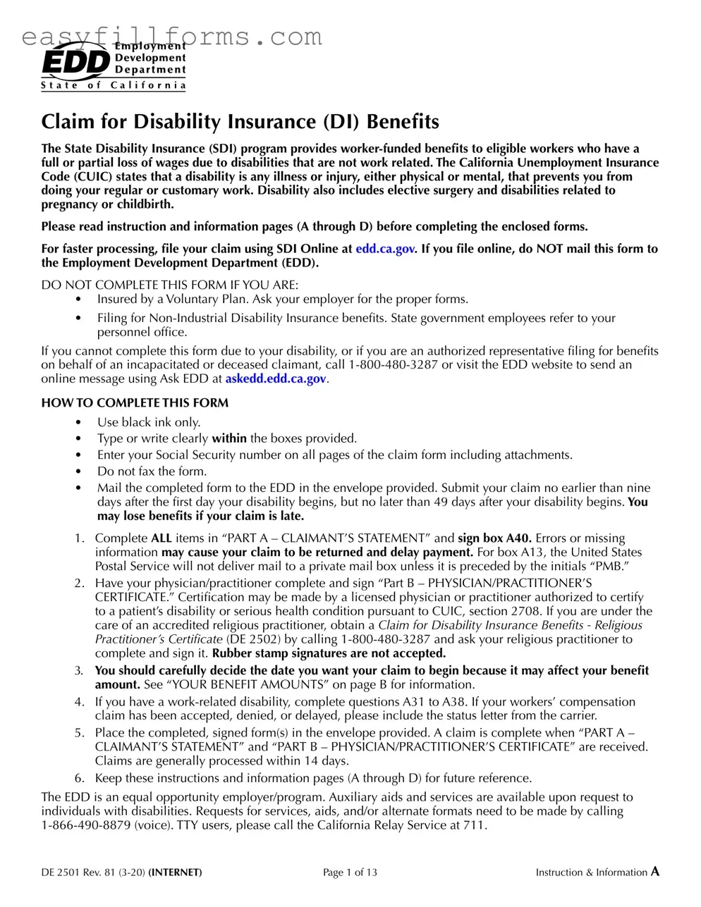 Printable EDD DE 2501 Form