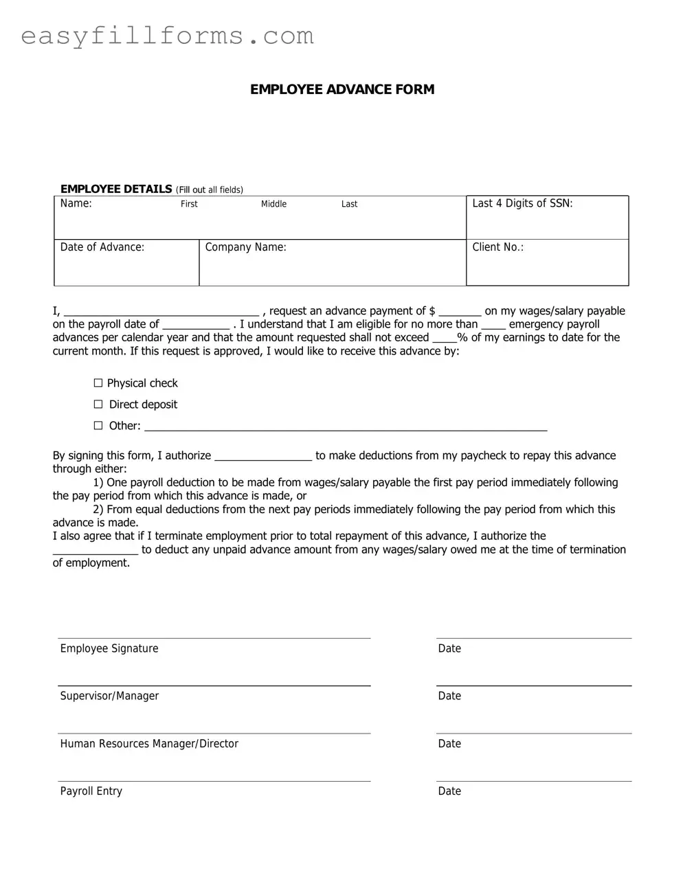 Printable Employee Advance Form