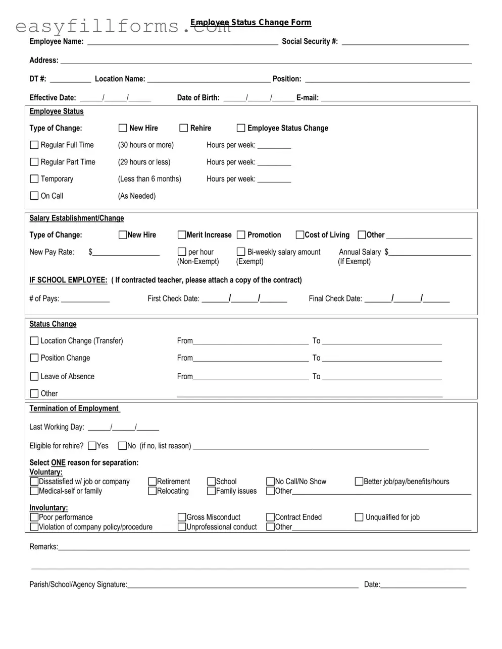 Printable Employee Status Change Form