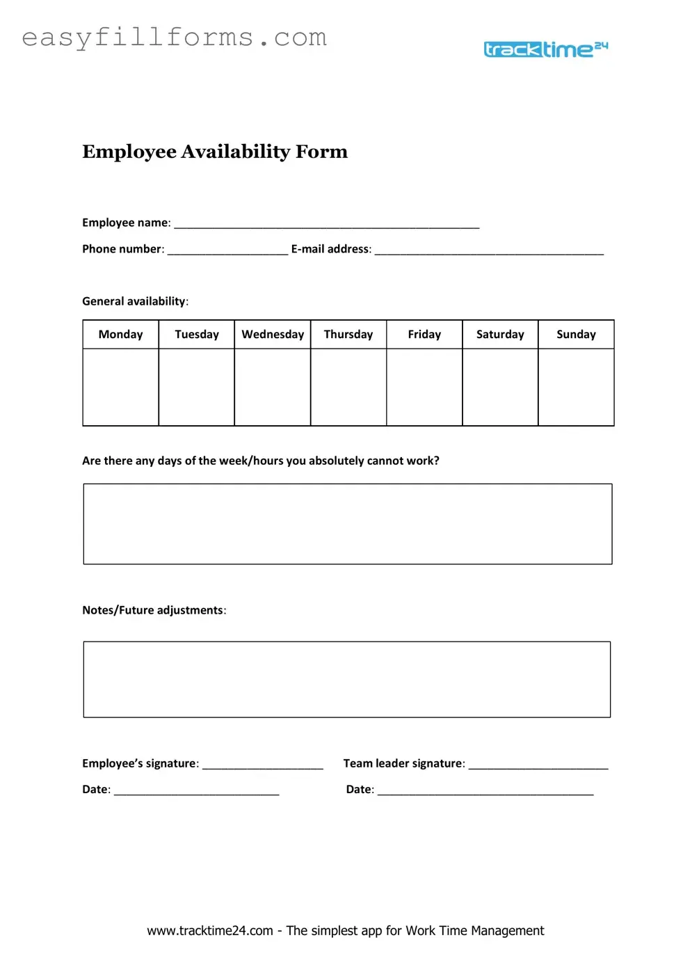 Printable Employee Availability Form