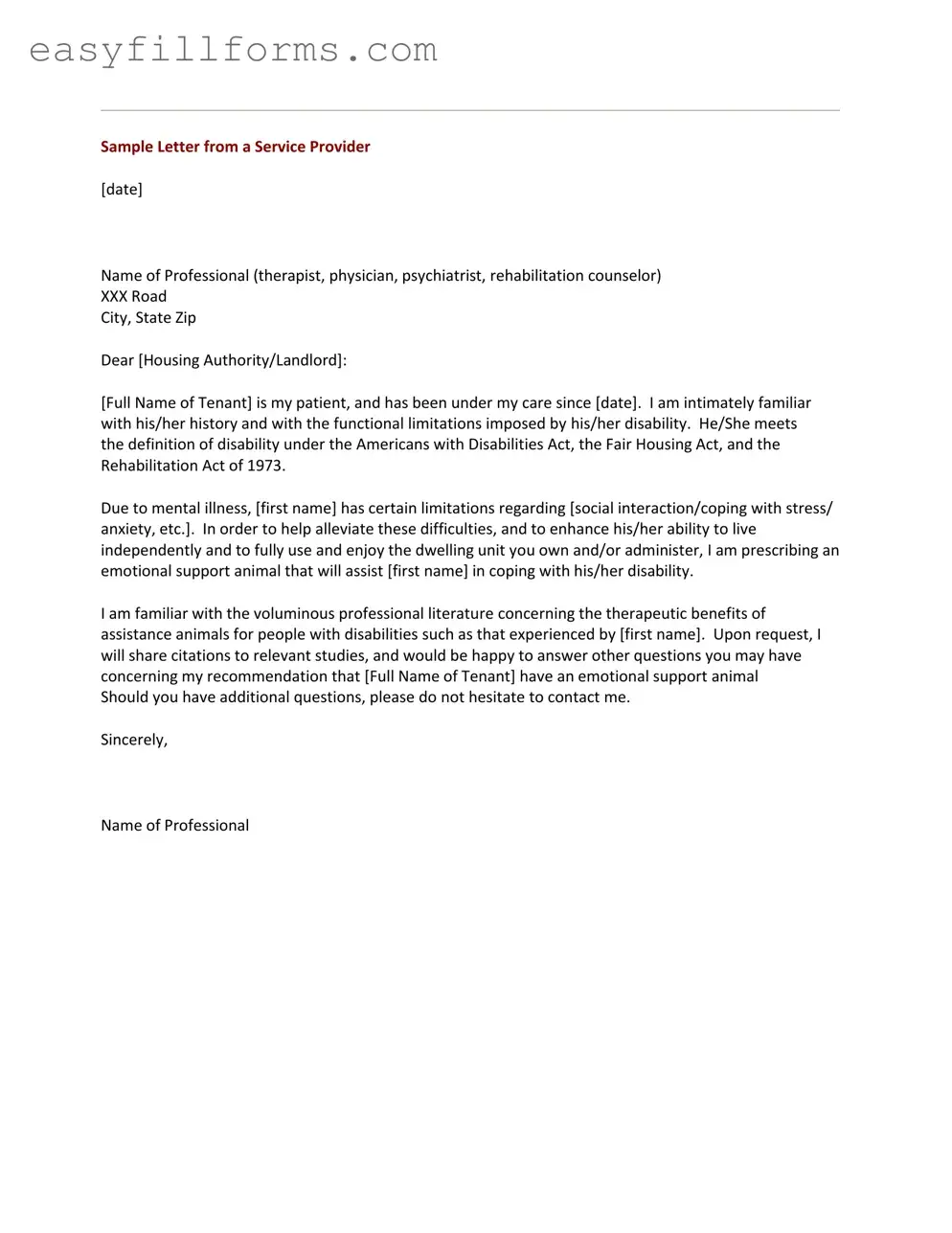 Printable Emotional Support Animal Letter Form