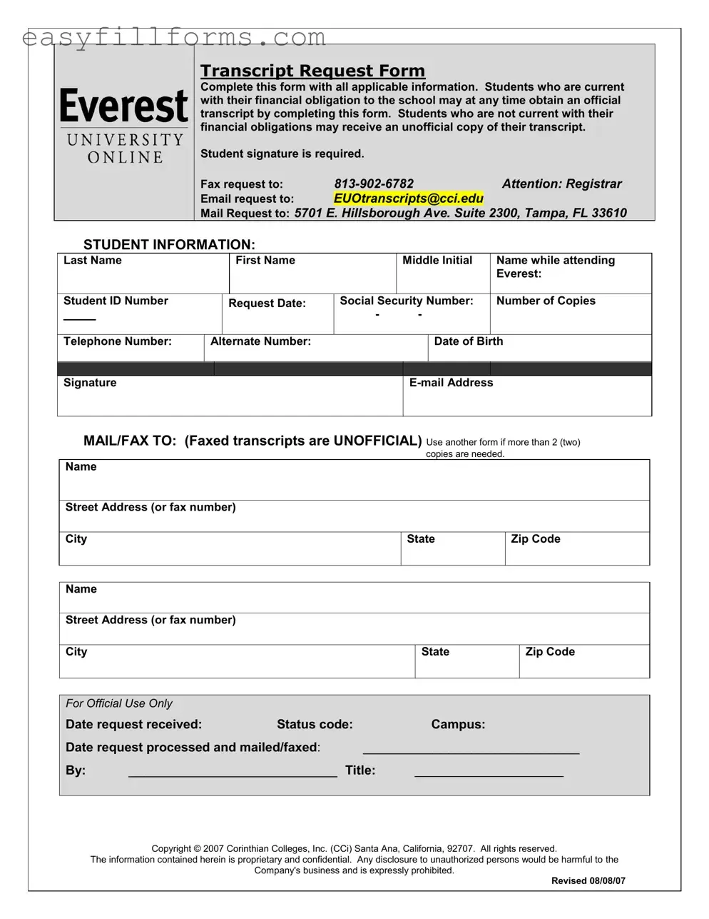 Printable Everest University Transcript Form