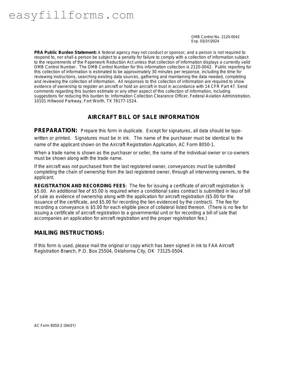 Printable Aircraft Bill of Sale AC 8050-2 Form