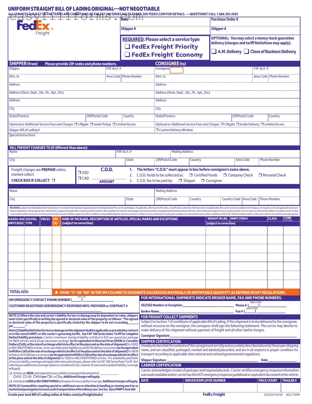 Printable Fedex Bill Of Lading Form