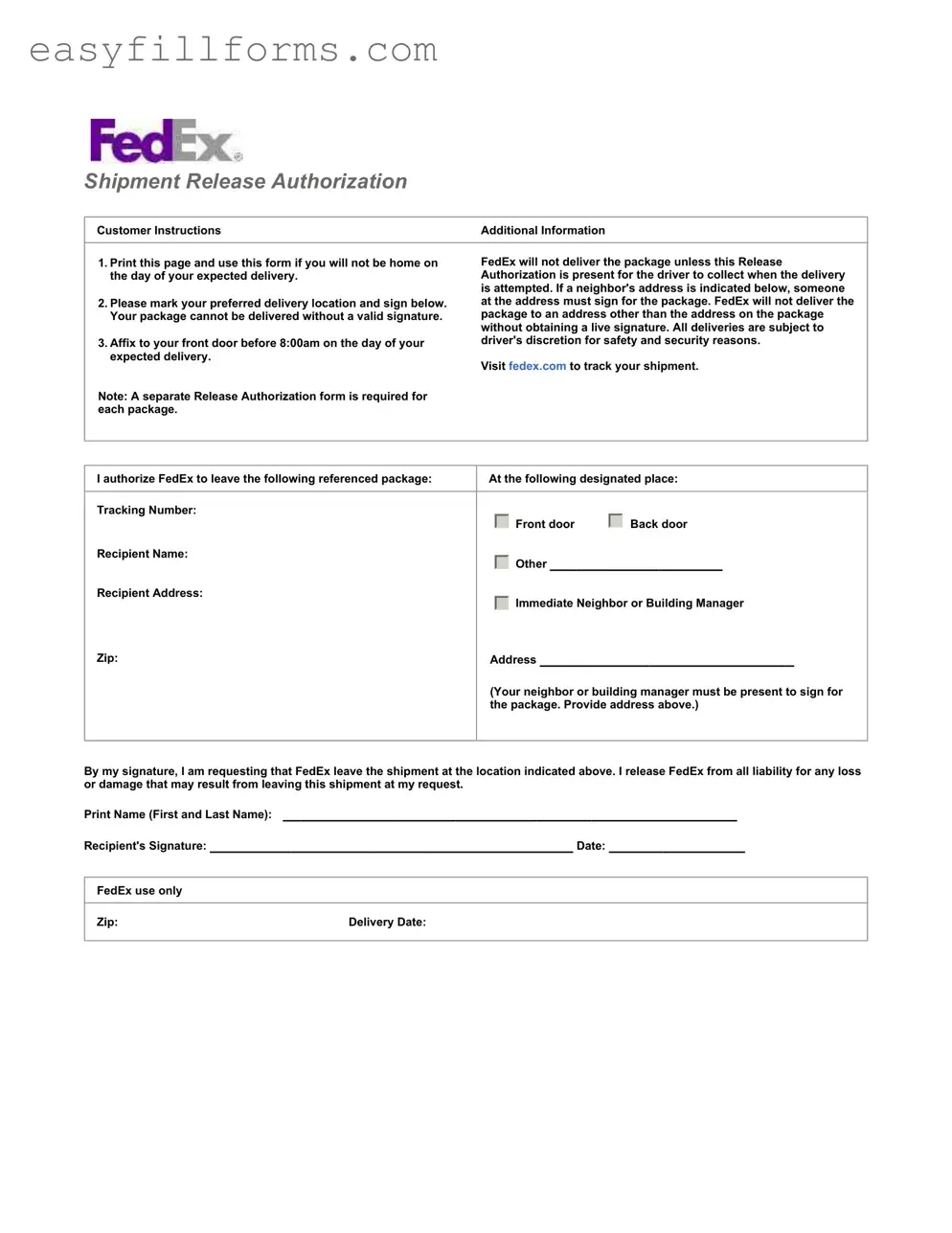 Printable Fedex Release Form