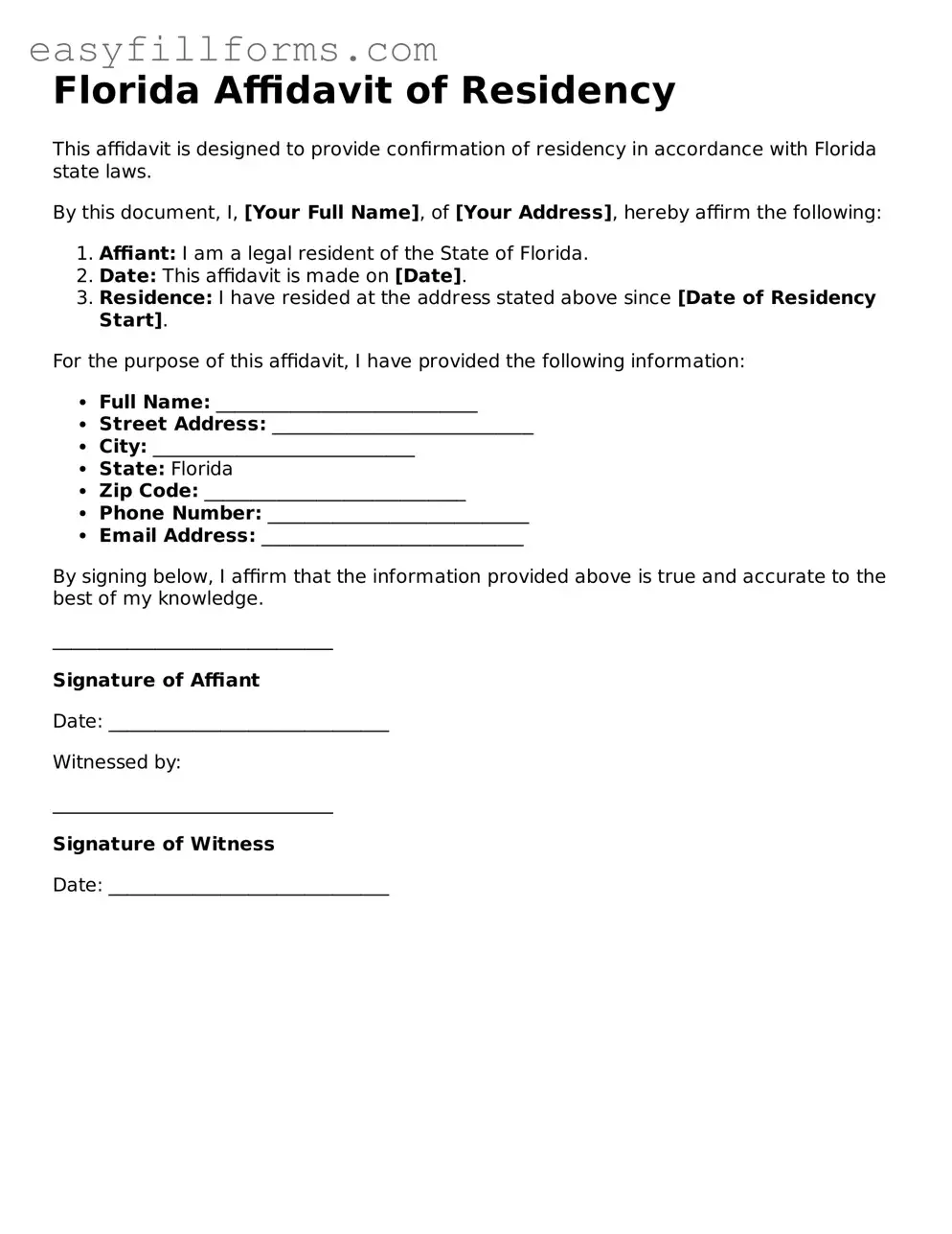 Valid  Affidavit of Residency Template for Florida