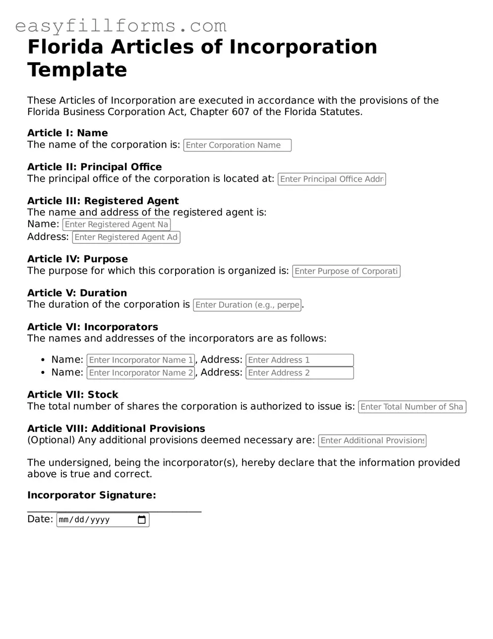 Valid  Articles of Incorporation Template for Florida
