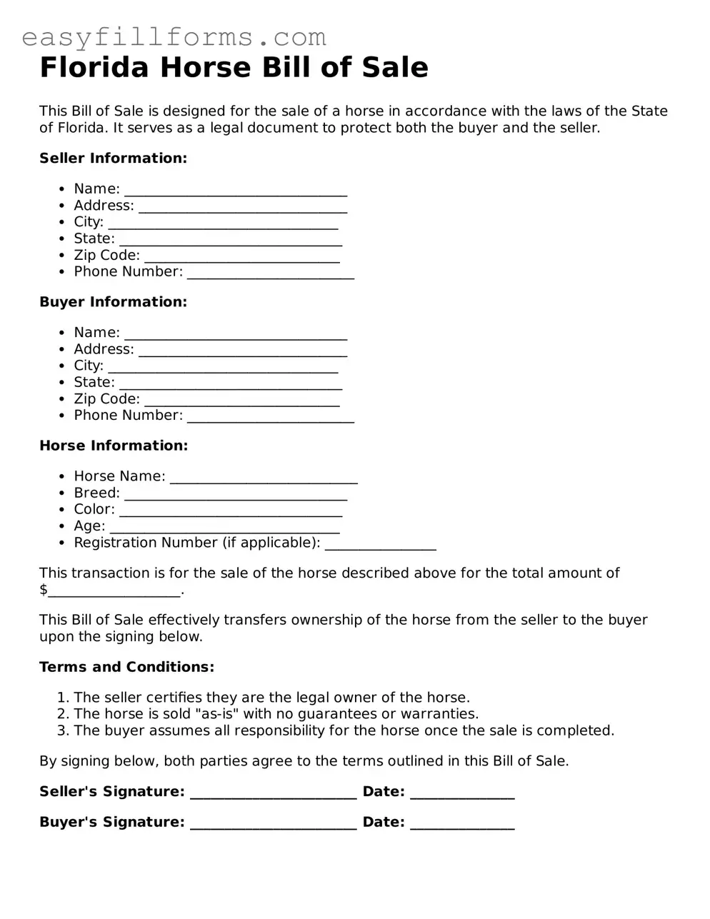 Valid  Horse Bill of Sale Template for Florida