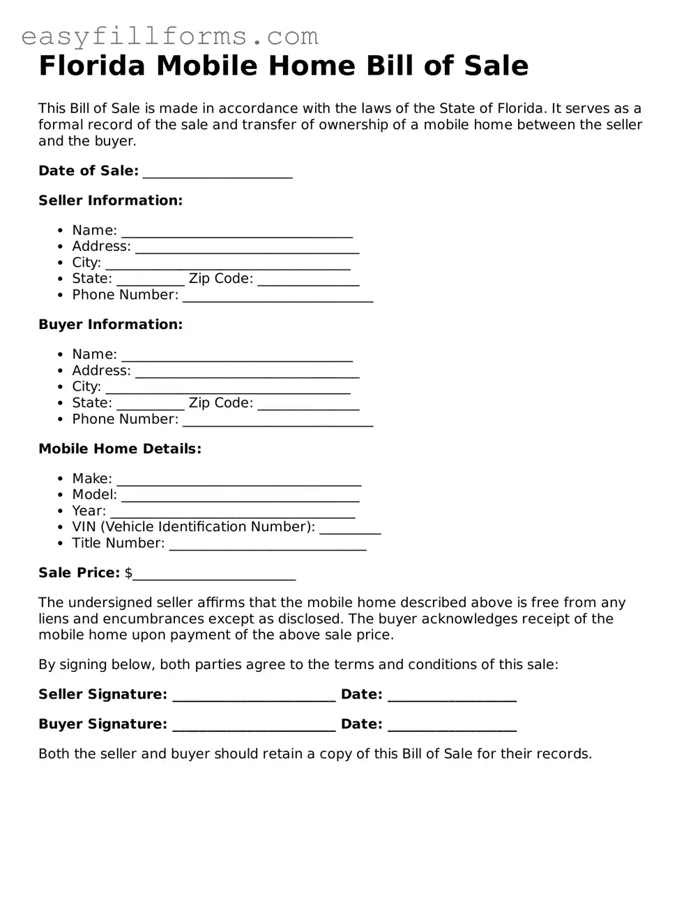 Valid  Mobile Home Bill of Sale Template for Florida