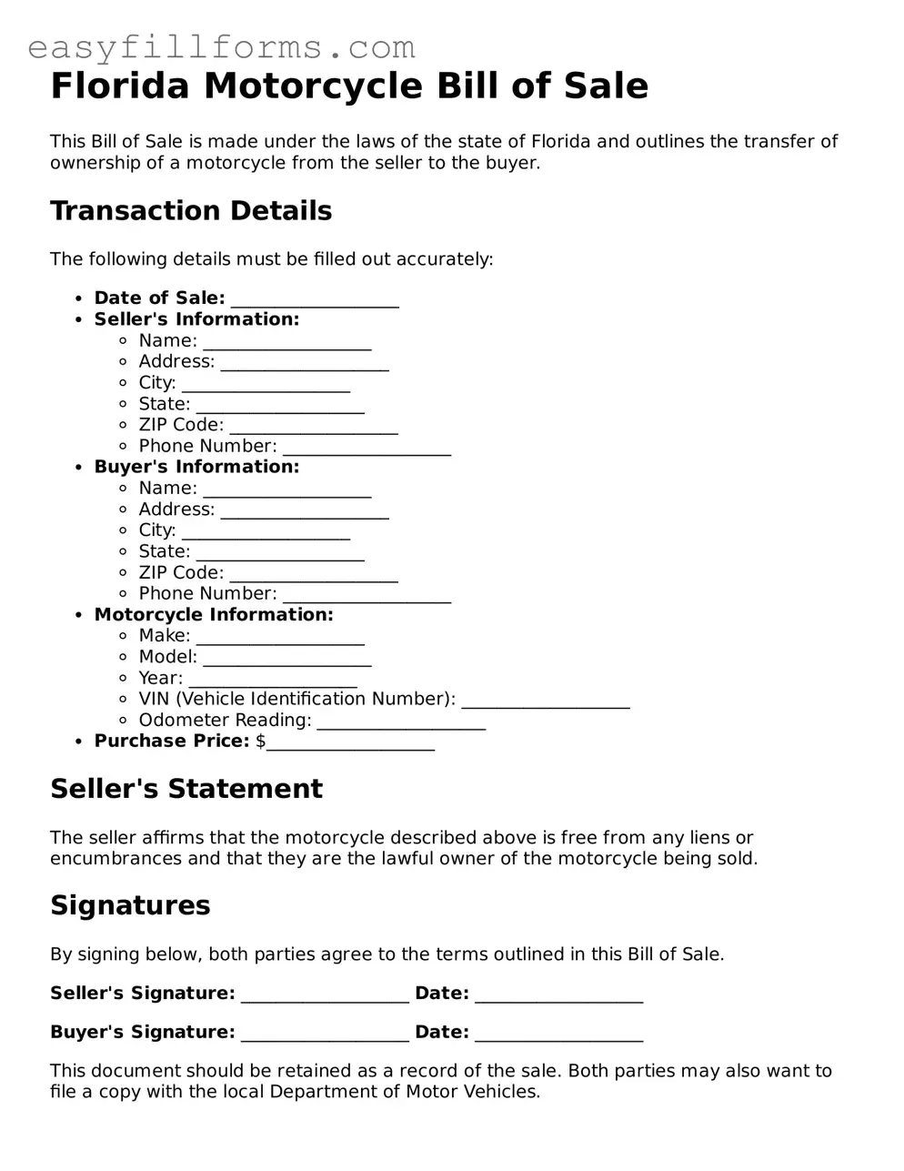 Valid  Motorcycle Bill of Sale Template for Florida