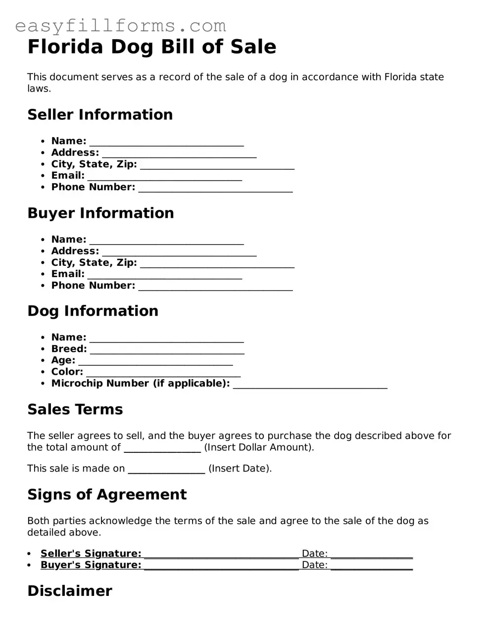 Valid  Dog Bill of Sale Template for Florida