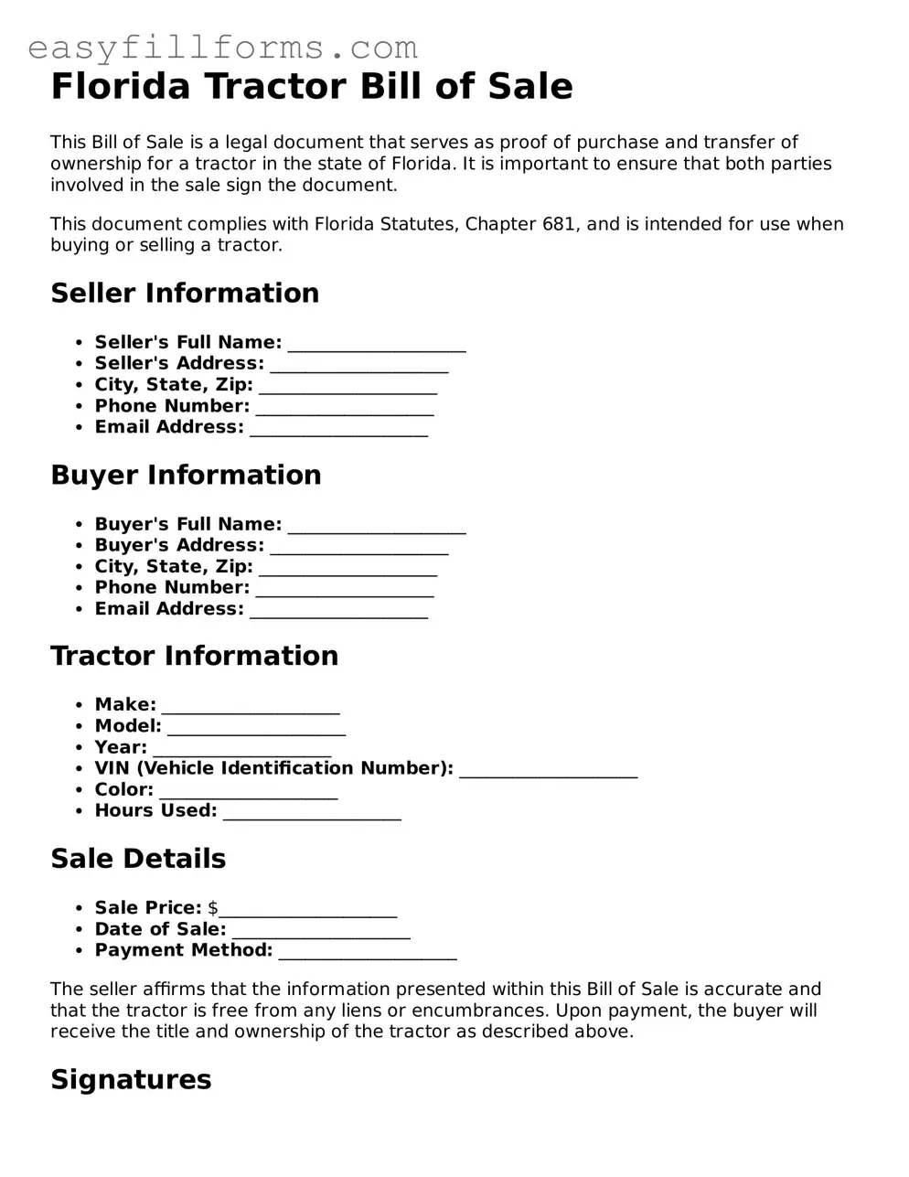 Valid  Tractor Bill of Sale Template for Florida