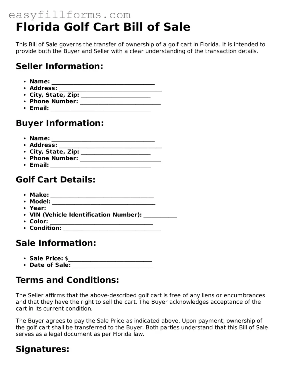 Valid  Golf Cart Bill of Sale Template for Florida