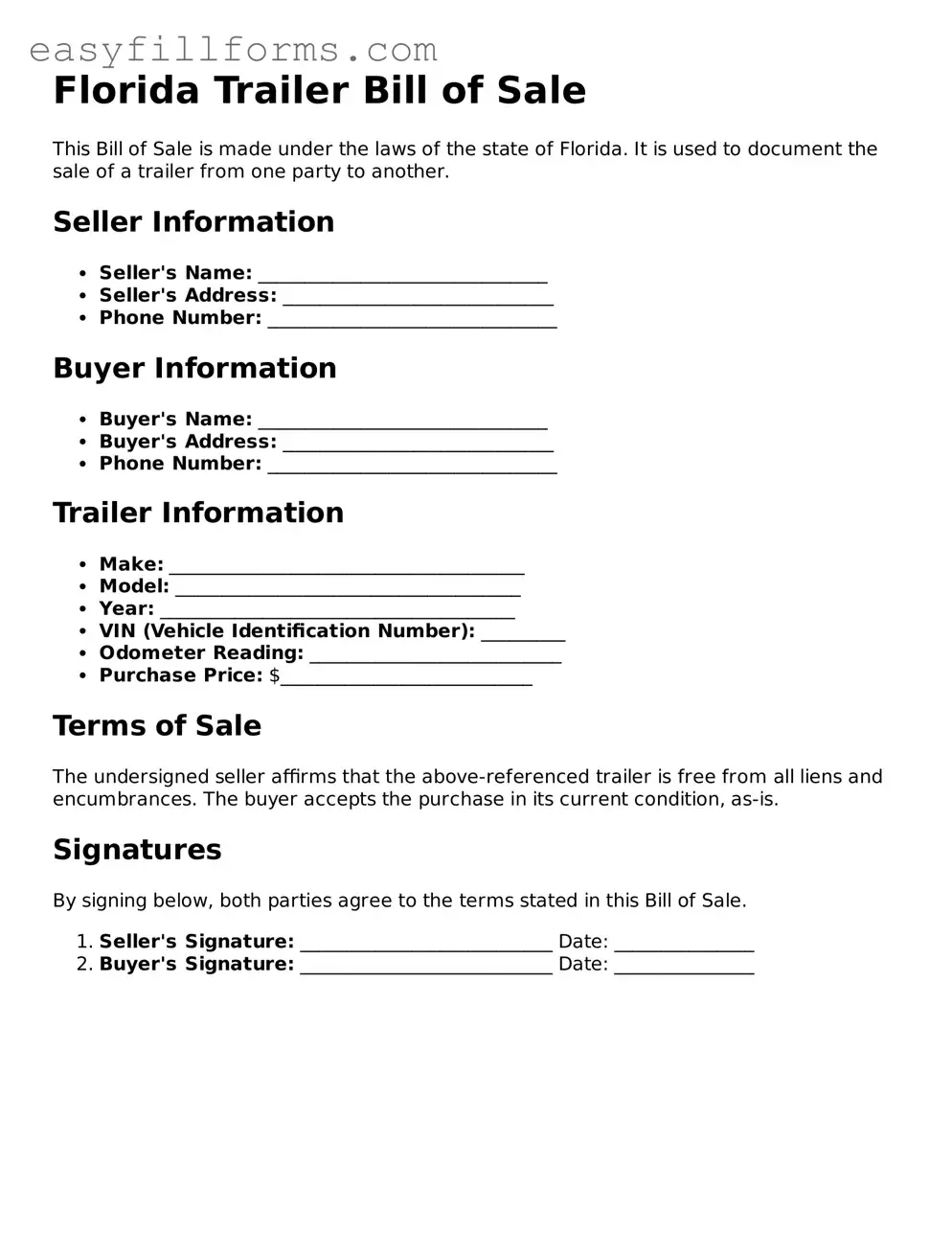 Valid  Trailer Bill of Sale Template for Florida