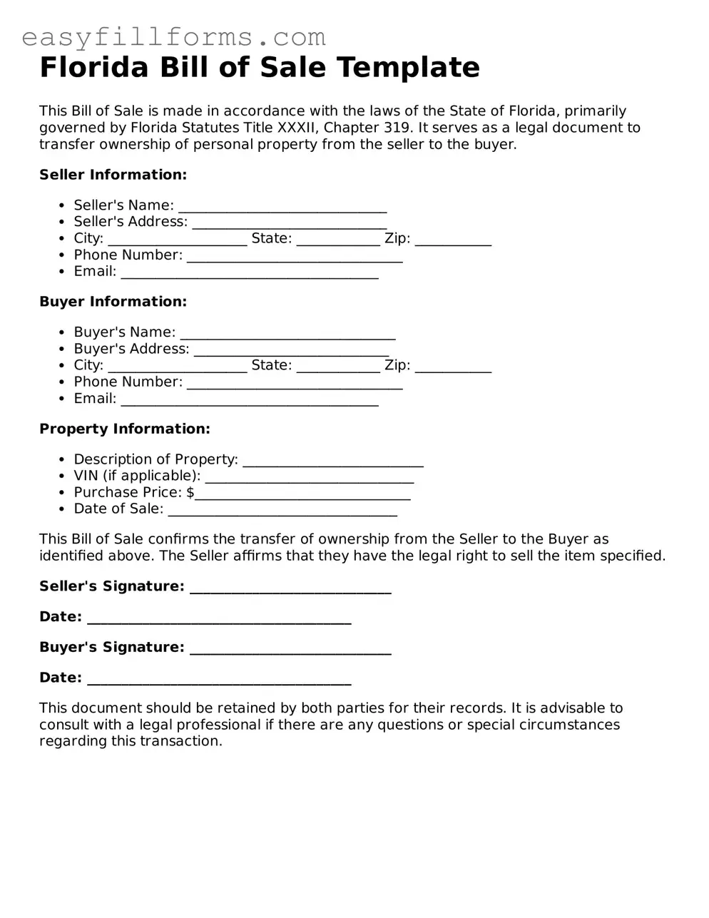 Valid  Bill of Sale Template for Florida