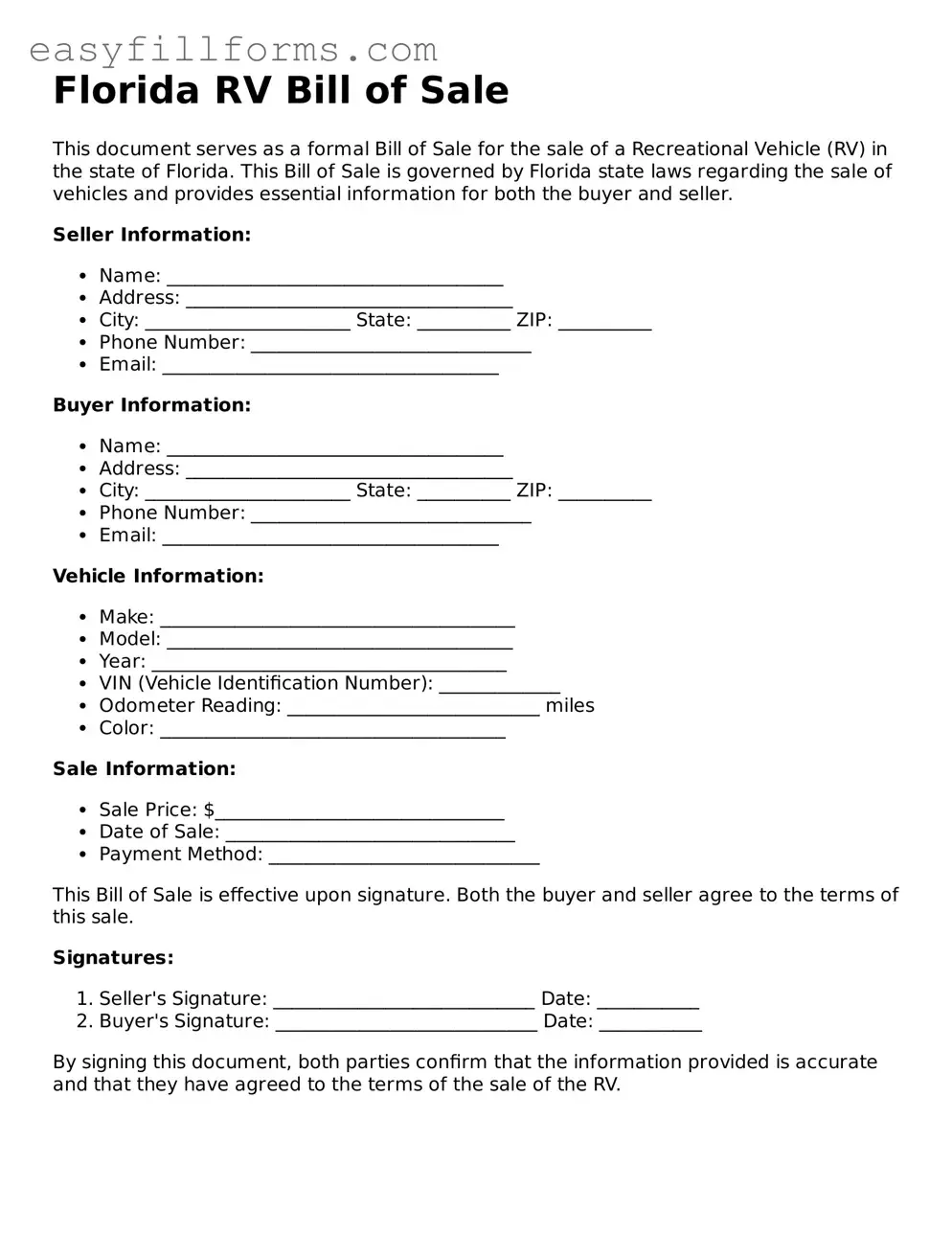Valid  RV Bill of Sale Template for Florida