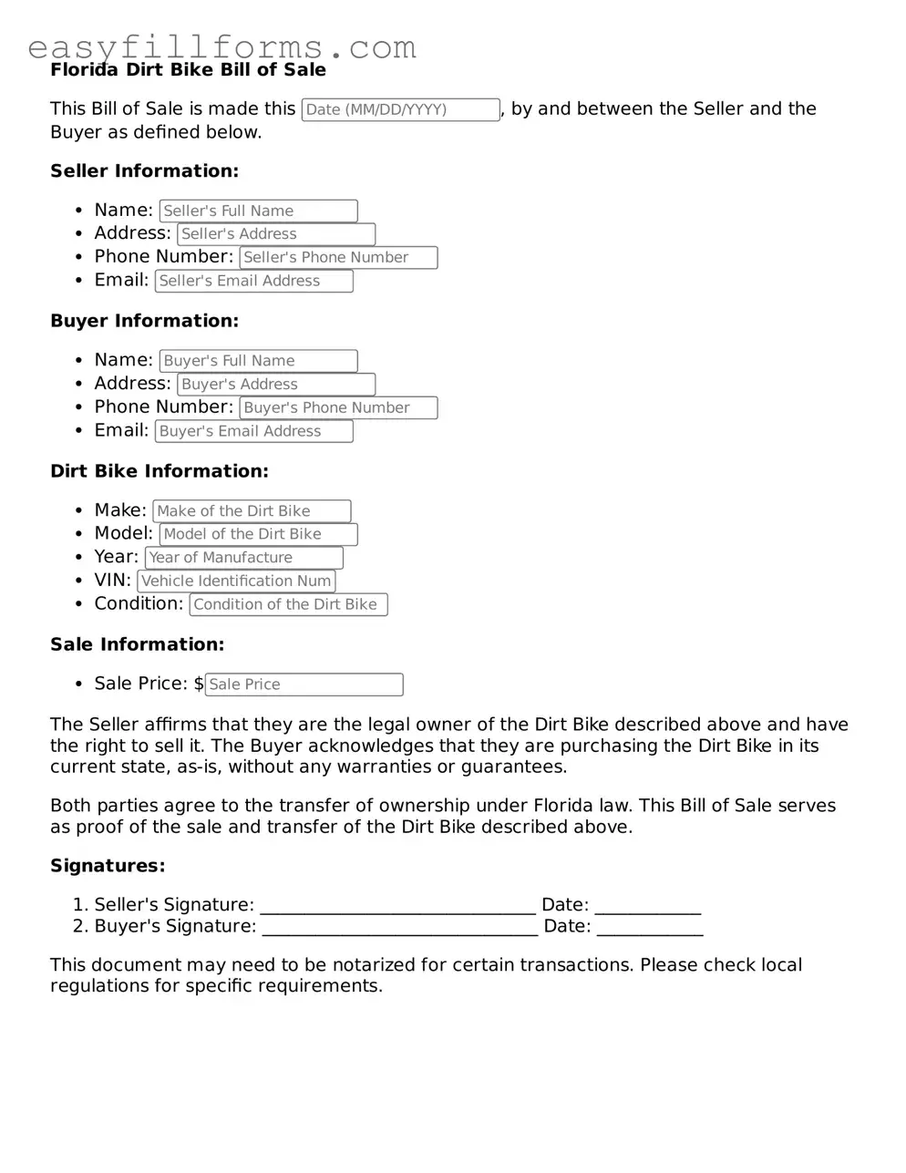 Valid  Dirt Bike Bill of Sale Template for Florida