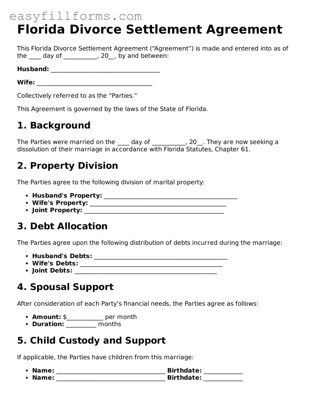 Valid  Divorce Settlement Agreement Template for Florida