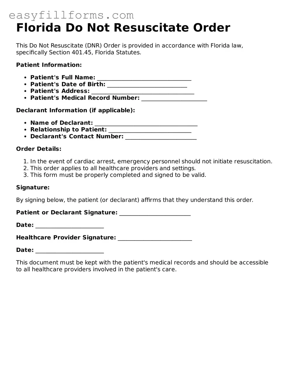 Valid  Do Not Resuscitate Order Template for Florida